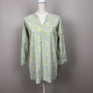 Needham Lane Tunic Small Green Multi Floral V-Neck Split Hem Cotton Top